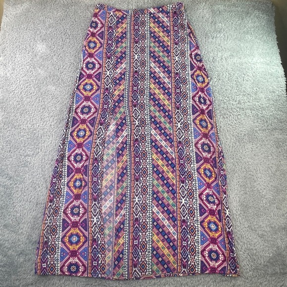 Flying Tomato Dresses & Skirts - Flying Tomato Maxi Skirt Womens L Vibrant Geometric Tribal Print Boho Slit